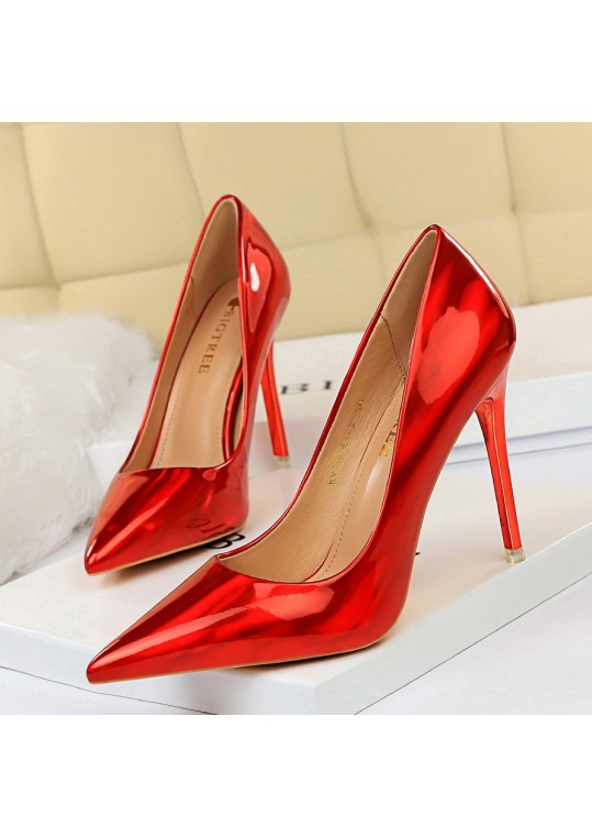 Metal High Heel Shiny Patent Leather Pointed Toe Sexy Women Pumps