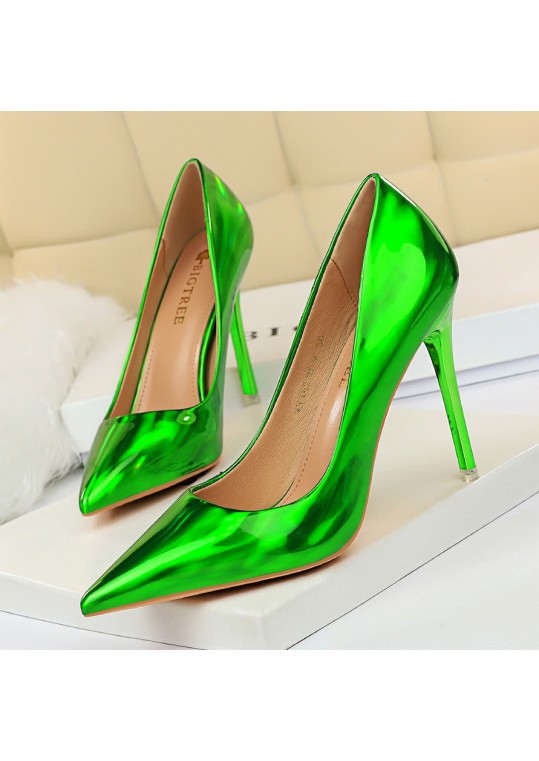 Metal High Heel Shiny Patent Leather Pointed Toe Sexy Women Pumps