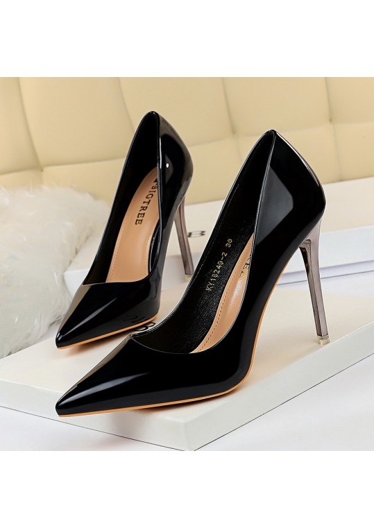 Metal High Heel Shiny Patent Leather Pointed Toe Sexy Women Pumps