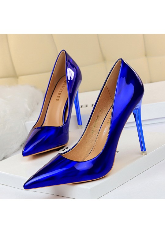 Metal High Heel Shiny Patent Leather Pointed Toe Sexy Women Pumps