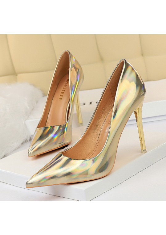 Metal High Heel Shiny Patent Leather Pointed Toe Sexy Women Pumps