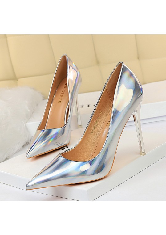 Metal High Heel Shiny Patent Leather Pointed Toe Sexy Women Pumps