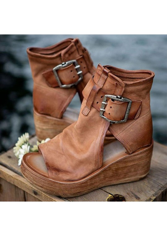 Women Casual Bohemian Style Cutout Solid Color PU Ankle Length Wedged Boots