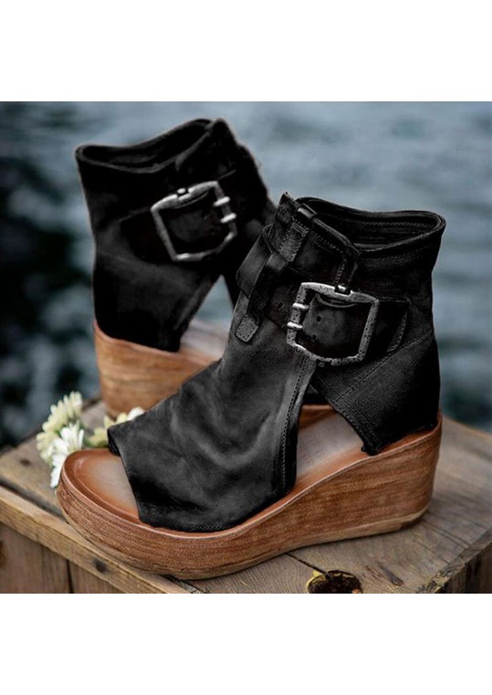 Women Casual Bohemian Style Cutout Solid Color PU Ankle Length Wedged Boots