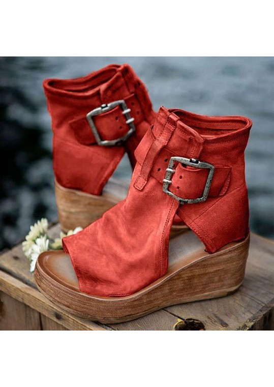 Women Casual Bohemian Style Cutout Solid Color PU Ankle Length Wedged Boots