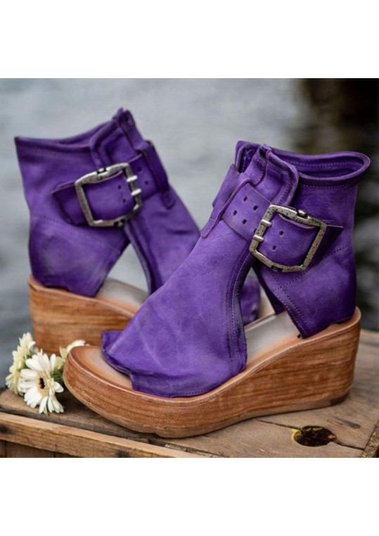 Women Casual Bohemian Style Cutout Solid Color PU Ankle Length Wedged Boots