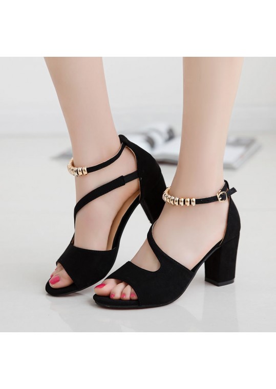 Women Sexy Peep-Toe Hollow Beaded Thick High Heel 