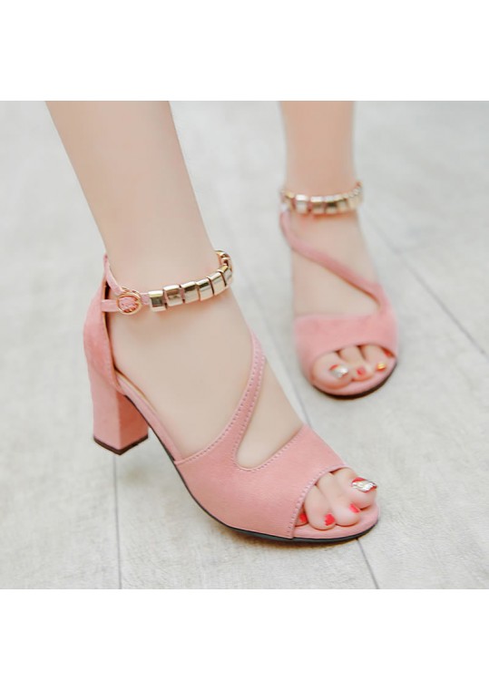 Women Sexy Peep-Toe Hollow Beaded Thick High Heel 