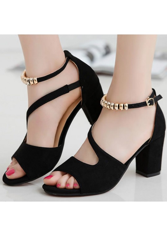 Women Sexy Peep-Toe Hollow Beaded Thick High Heel 