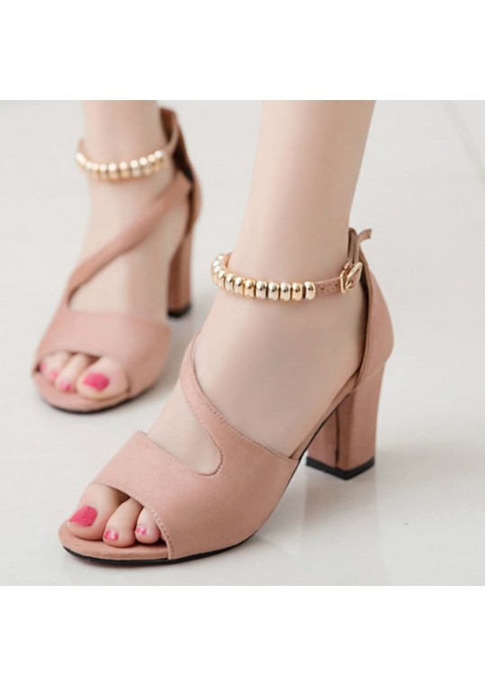 Women Sexy Peep-Toe Hollow Beaded Thick High Heel 