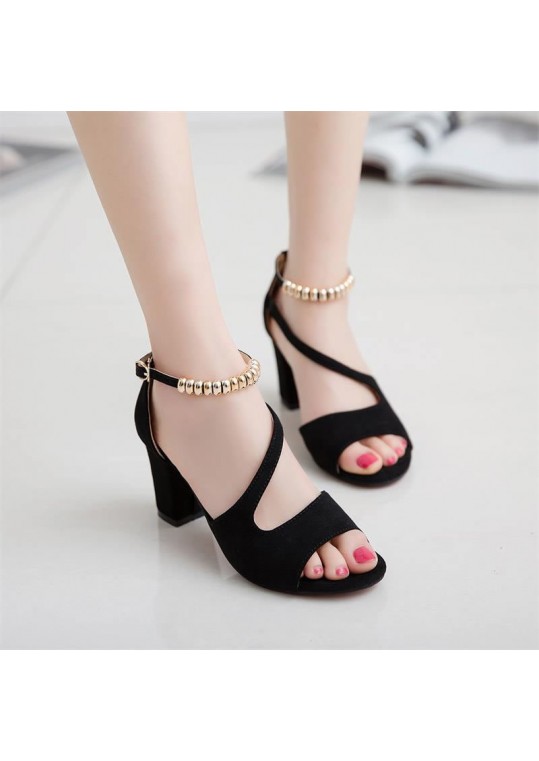 Women Sexy Peep-Toe Hollow Beaded Thick High Heel 