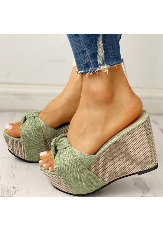 Women Casual Round Peep Toe Bow Design Wedge Platform 