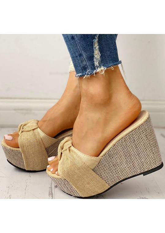 Women Casual Round Peep Toe Bow Design Wedge Platform 