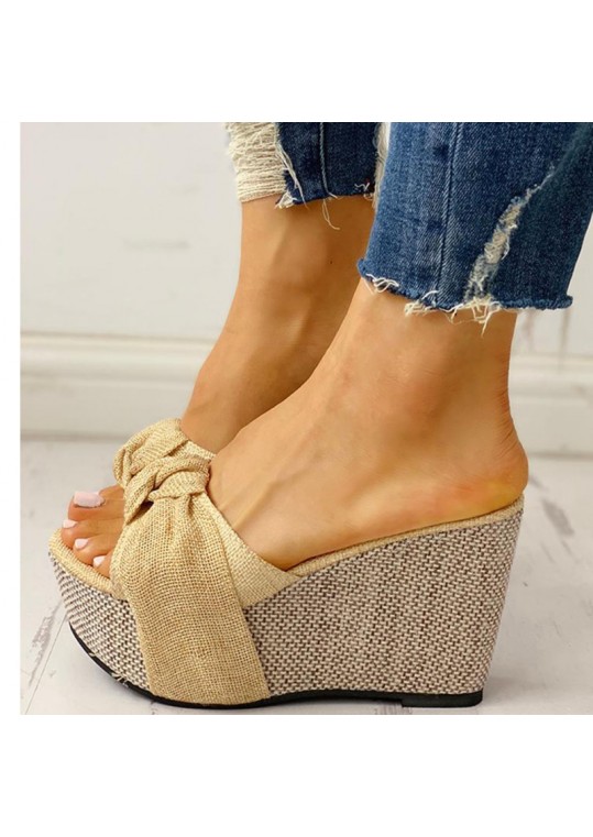 Women Casual Round Peep Toe Bow Design Wedge Platform 