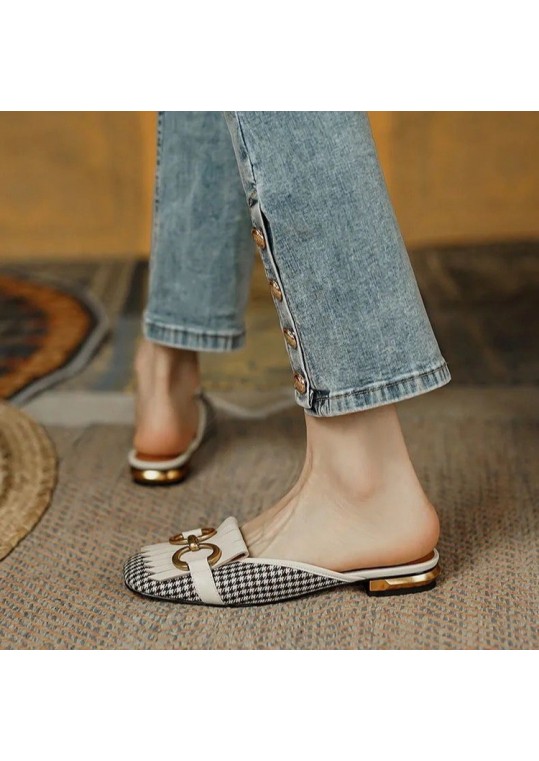 Women Vintage Casual Metal Buckle Decorative Houndstooth Pattern Flat 