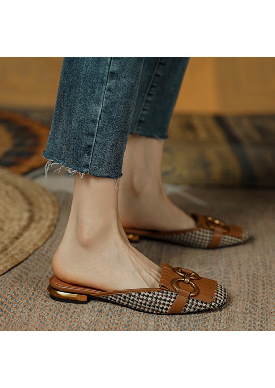 Women Vintage Casual Metal Buckle Decorative Houndstooth Pattern Flat 