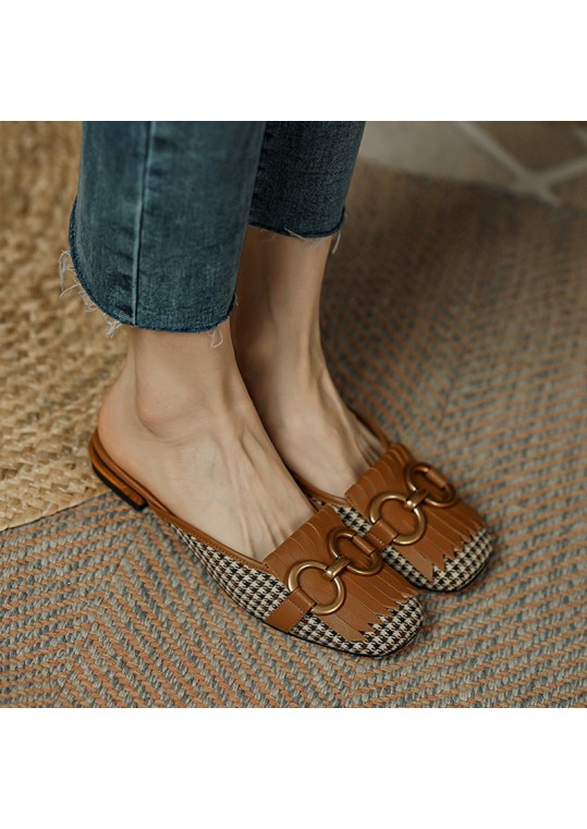 Women Vintage Casual Metal Buckle Decorative Houndstooth Pattern Flat 