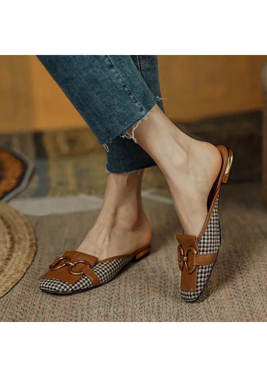 Women Vintage Casual Metal Buckle Decorative Houndstooth Pattern Flat 