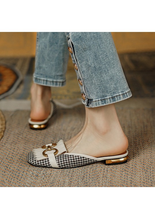 Women Vintage Casual Metal Buckle Decorative Houndstooth Pattern Flat 