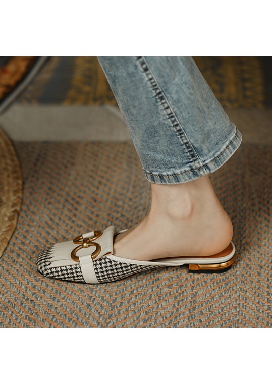 Women Vintage Casual Metal Buckle Decorative Houndstooth Pattern Flat 