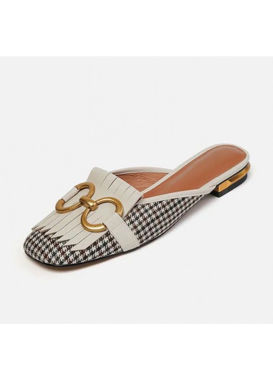 Women Vintage Casual Metal Buckle Decorative Houndstooth Pattern Flat 