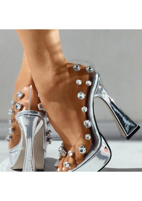 Women Fashion Sexy Rhinestone Decorative Transparent Design Chunky High Heel Platform 