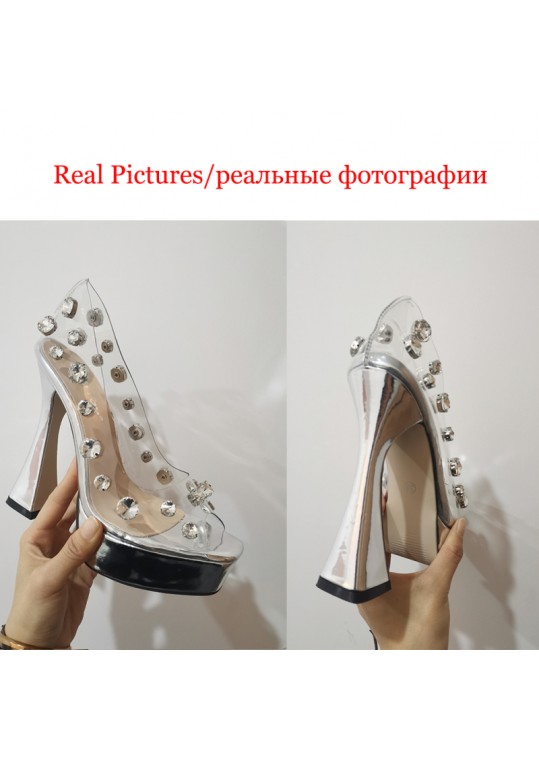 Women Fashion Sexy Rhinestone Decorative Transparent Design Chunky High Heel Platform 