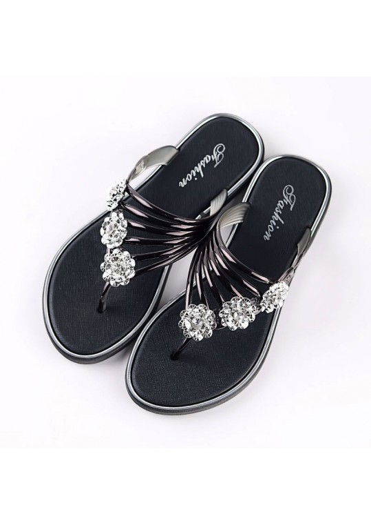 Women Fashion Sexy Flower Shape Rhinestone Decorative Flat Flip-flops