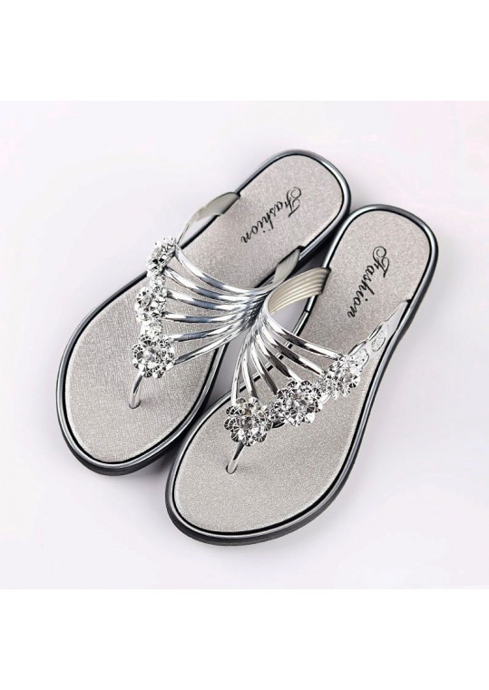 Women Fashion Sexy Flower Shape Rhinestone Decorative Flat Flip-flops