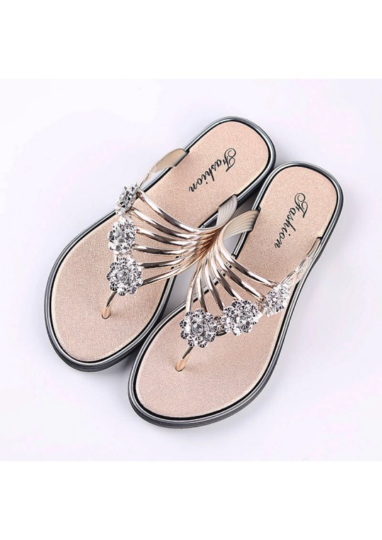 Women Fashion Sexy Flower Shape Rhinestone Decorative Flat Flip-flops