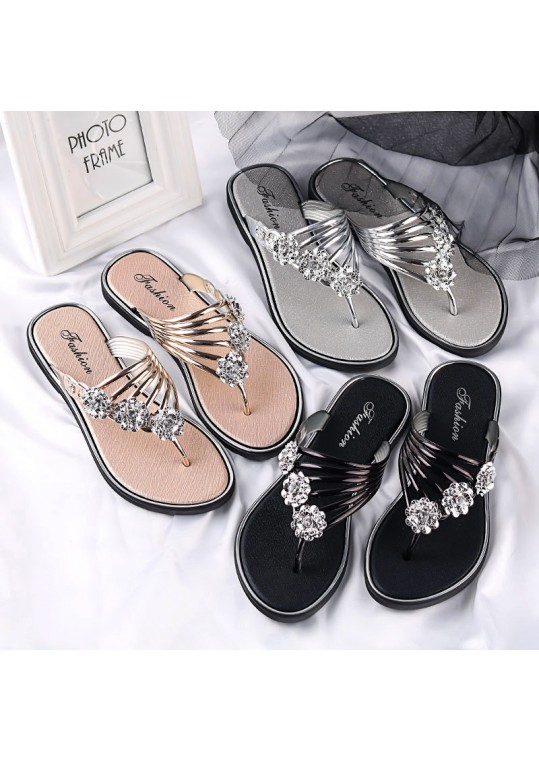 Women Fashion Sexy Flower Shape Rhinestone Decorative Flat Flip-flops