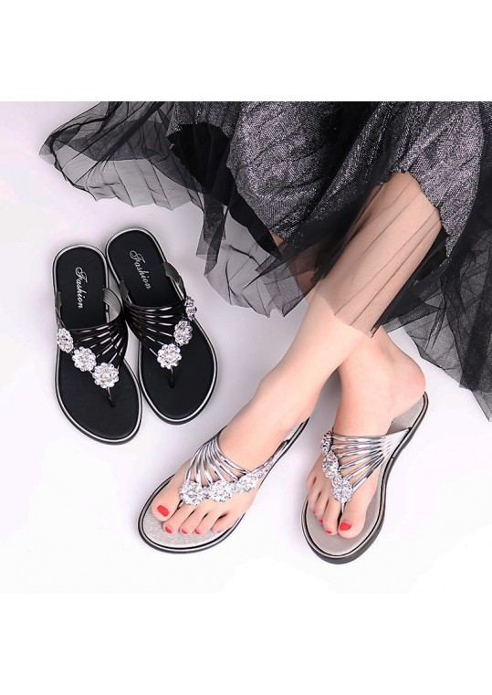 Women Fashion Sexy Flower Shape Rhinestone Decorative Flat Flip-flops