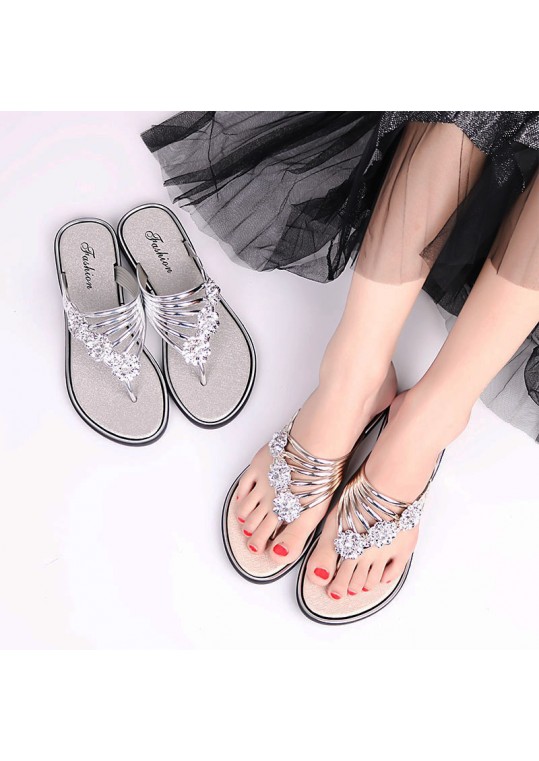 Women Fashion Sexy Flower Shape Rhinestone Decorative Flat Flip-flops