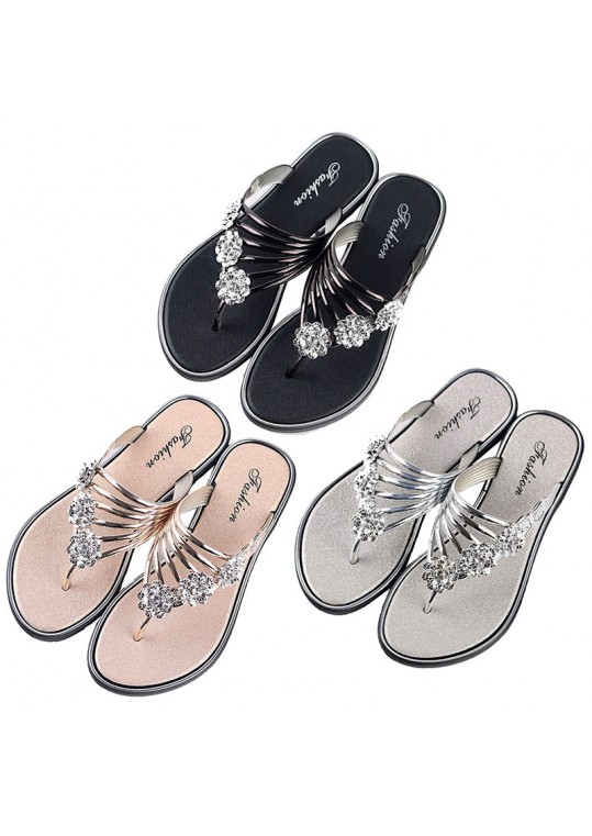 Women Fashion Sexy Flower Shape Rhinestone Decorative Flat Flip-flops