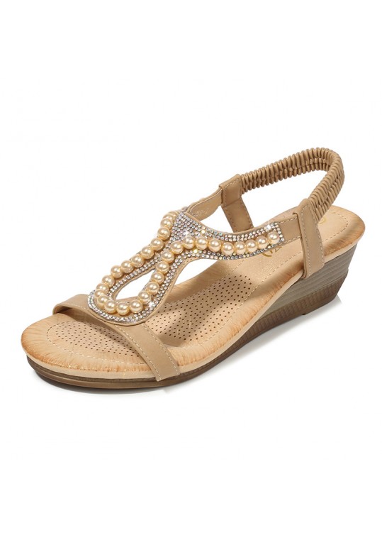 Women Boho Vintage Pearl Rhinestone Embellished Wedge 