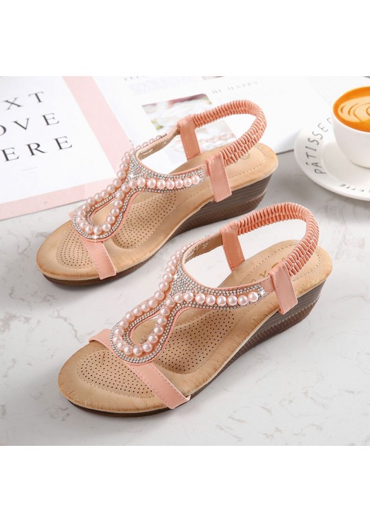 Women Boho Vintage Pearl Rhinestone Embellished Wedge 