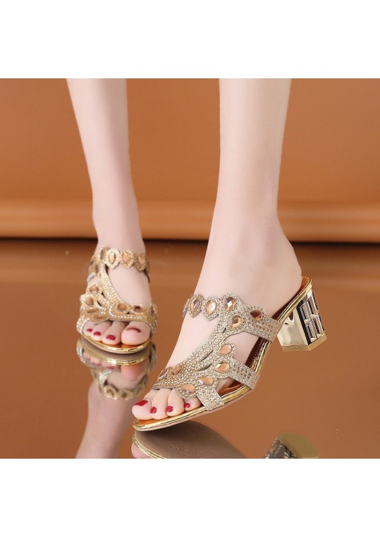 Women Fashion Casual Rhinestone Decorative Hollow Design Chunky Middle Heel 