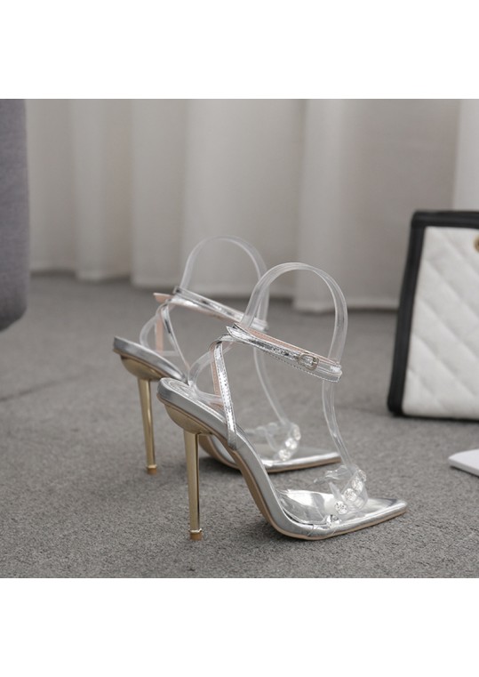 Women Fashion Pointed Toe Metal Plating Transparent Glue Diamond Stiletto 