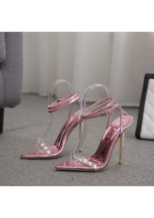 Women Fashion Pointed Toe Metal Plating Transparent Glue Diamond Stiletto 