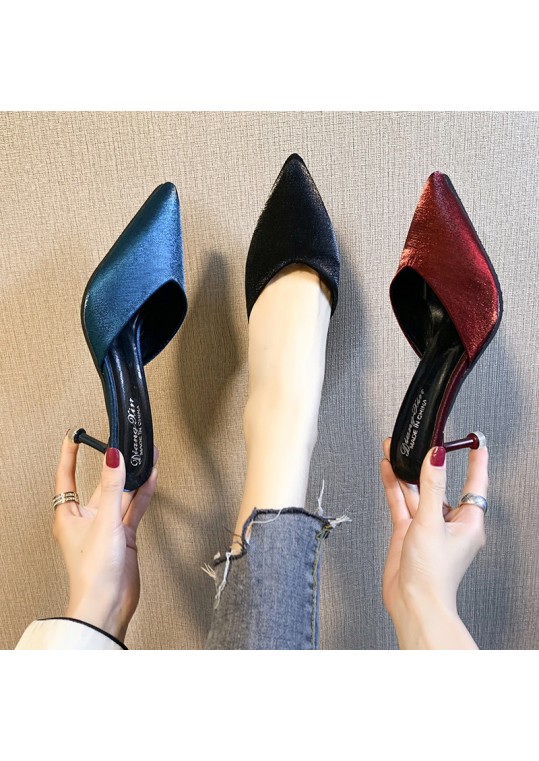 Women Fashion Pointed Toe Solid Color High Heel Mules