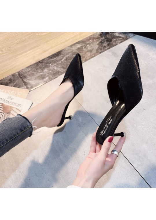 Women Fashion Pointed Toe Solid Color High Heel Mules