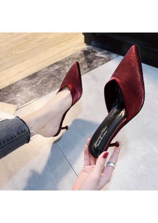 Women Fashion Pointed Toe Solid Color High Heel Mules