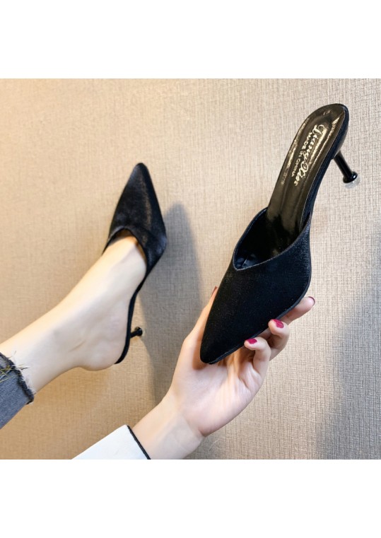 Women Fashion Pointed Toe Solid Color High Heel Mules