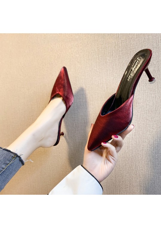 Women Fashion Pointed Toe Solid Color High Heel Mules