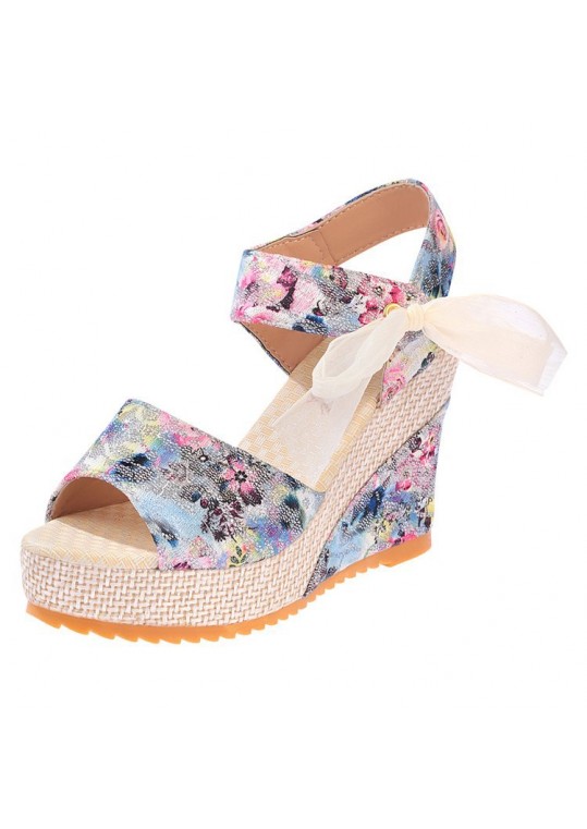 Women Fashion Casual Boho Bowknot Peep Toe Floral Printed Wedge Heel 