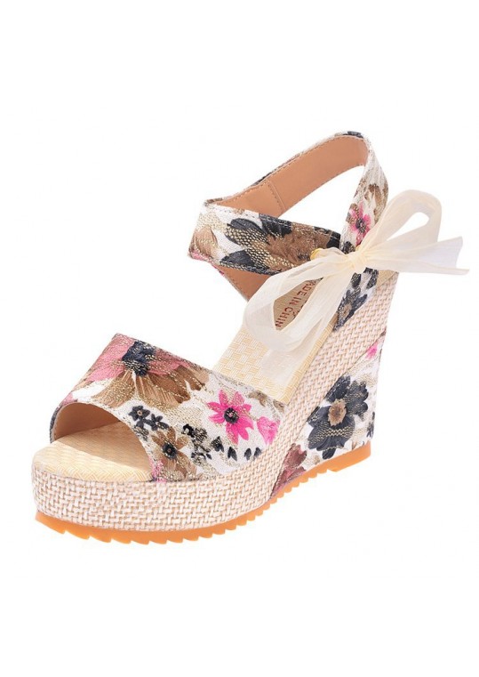 Women Fashion Casual Boho Bowknot Peep Toe Floral Printed Wedge Heel 