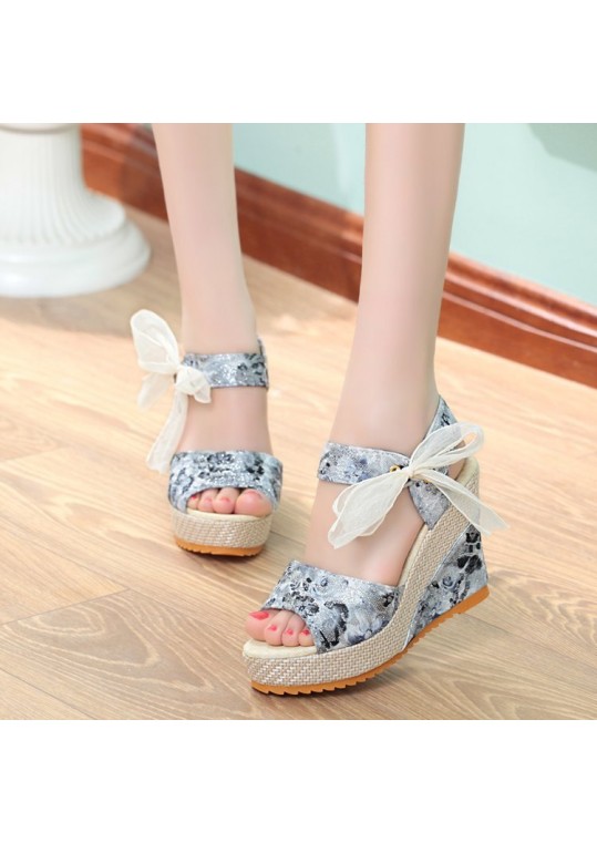 Women Fashion Casual Boho Bowknot Peep Toe Floral Printed Wedge Heel 