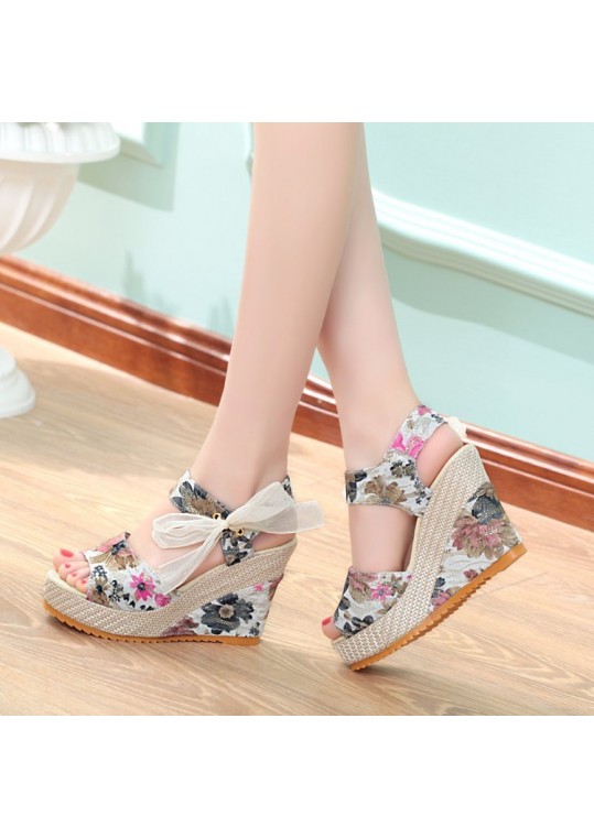 Women Fashion Casual Boho Bowknot Peep Toe Floral Printed Wedge Heel 