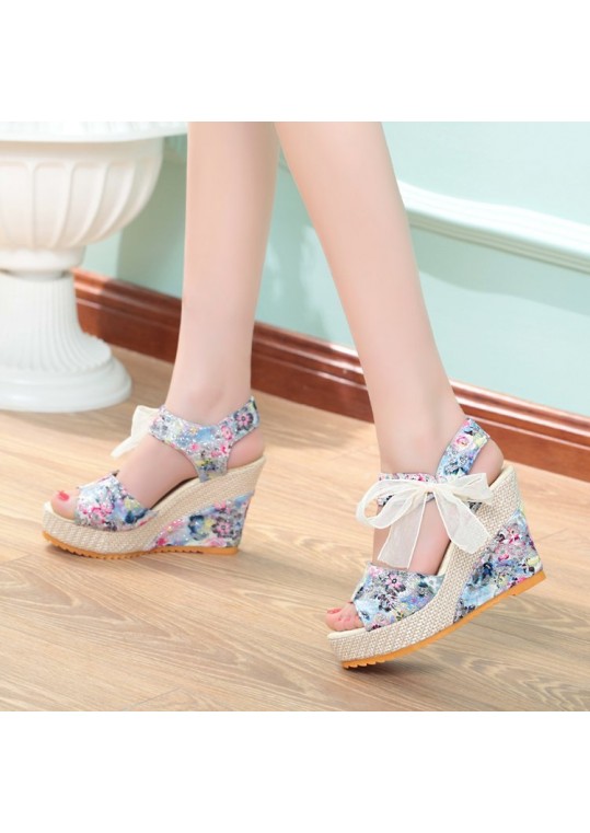 Women Fashion Casual Boho Bowknot Peep Toe Floral Printed Wedge Heel 