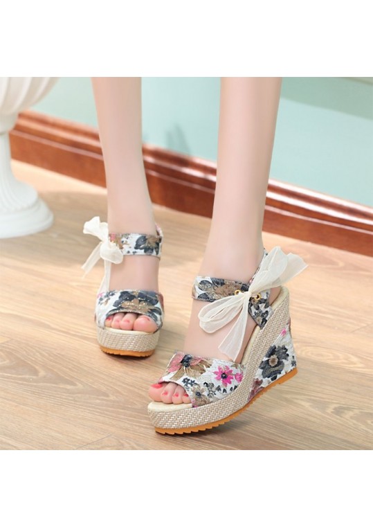 Women Fashion Casual Boho Bowknot Peep Toe Floral Printed Wedge Heel 